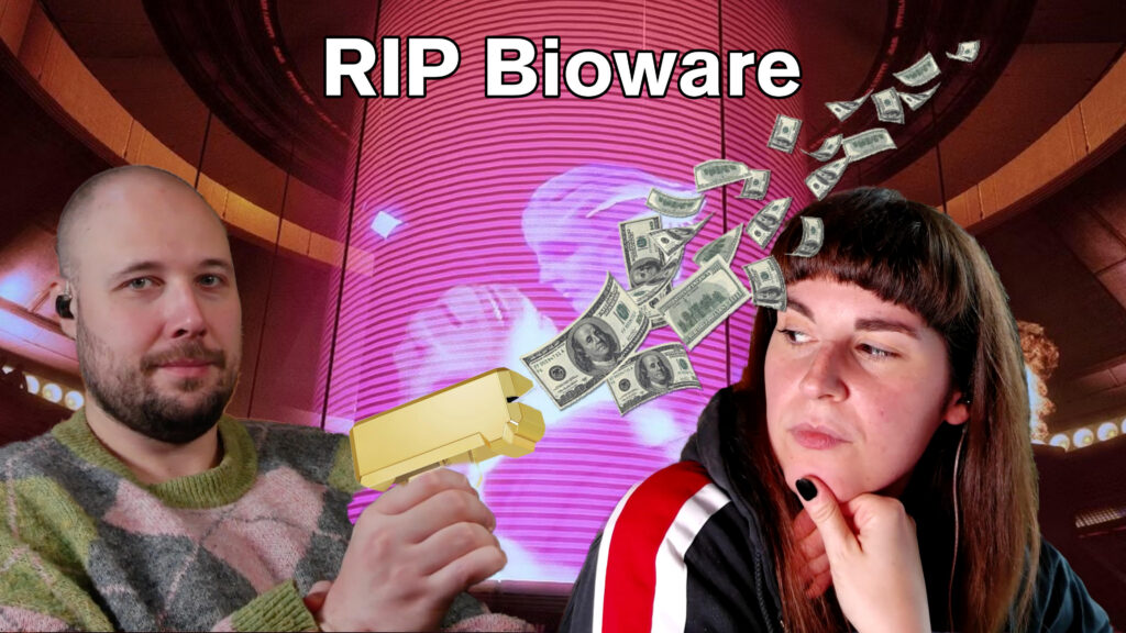 Hagen mit einer Geldpistole und Mina mit einem Mass Effect Pulli vor dem Club aus Mass Effect 2